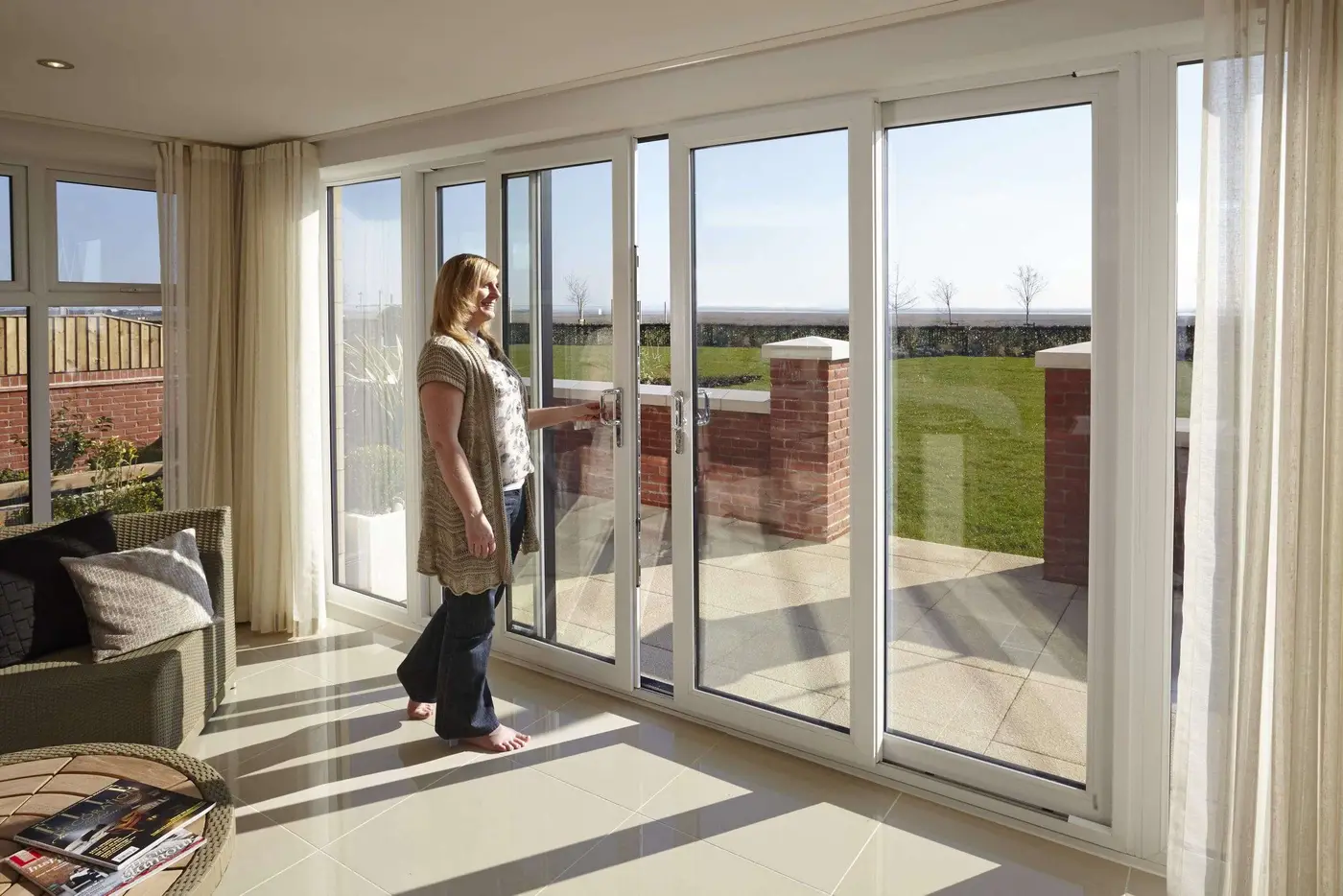 Sliding patio doors opening onto a garden