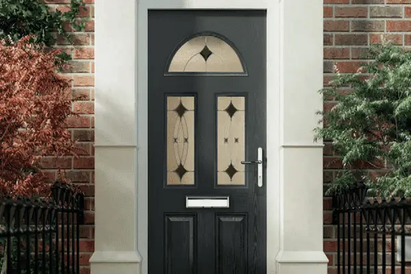 Black composite front door with decorative glass panels